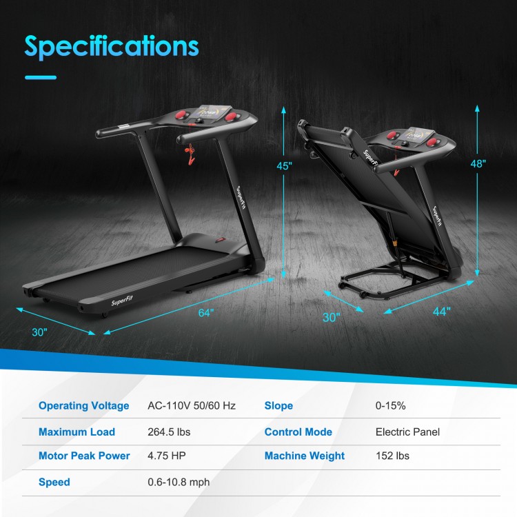 Folding treadmill with 4.75 HP motor, 51" x 18" running area, and touch screen control for versatile workouts.