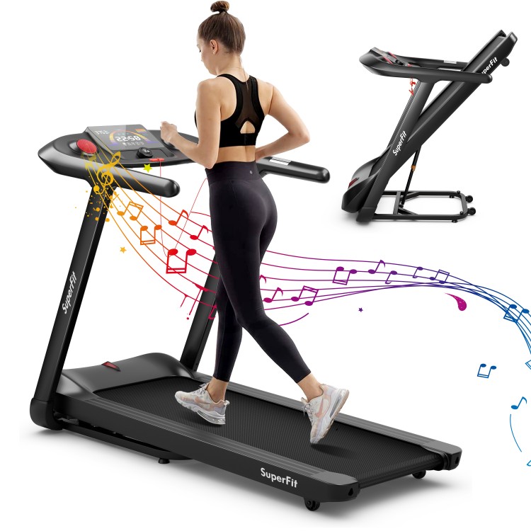Folding treadmill with 4.75 HP motor, touch screen control, and 20 preset programs for convenient home workouts.