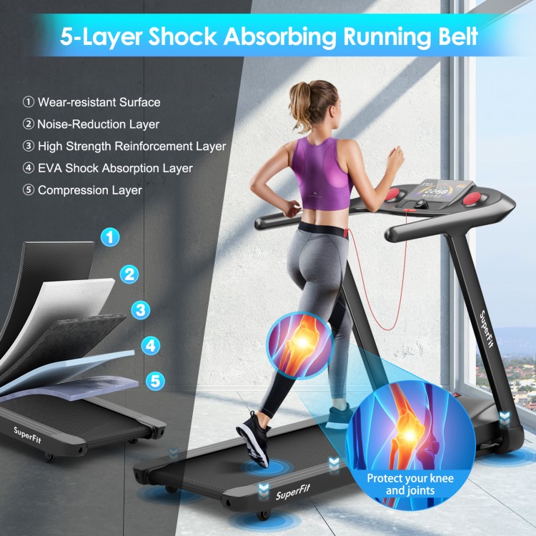 Folding treadmill with a spacious 5-layer running belt, 4.75 HP motor, and touch screen control for safe workouts.