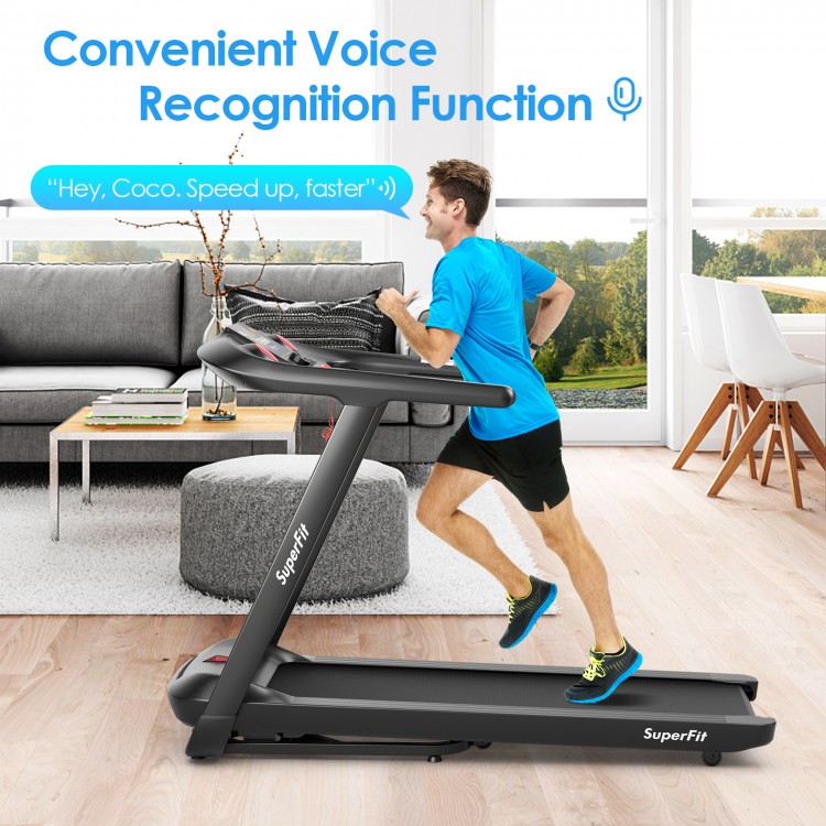Folding treadmill with a 4.75 HP motor, touch screen control, and spacious 51" x 18" running area for comfortable.