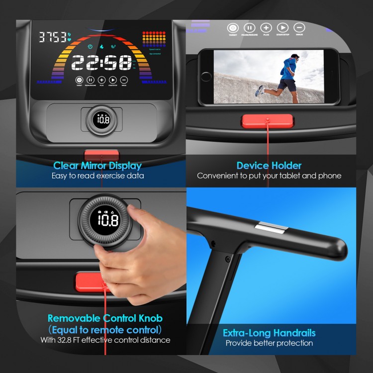 Folding treadmill control panel featuring a touch screen, device holder, and removable control knob for easy operation.