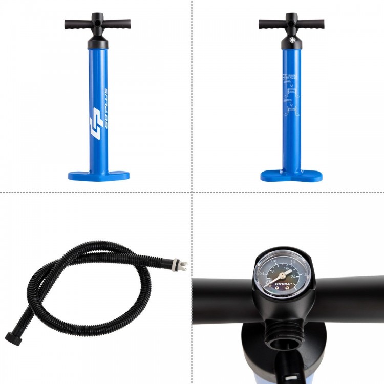 Double action manual SUP hand pump in blue with built-in pressure gauge and durable aluminum alloy body for quick.