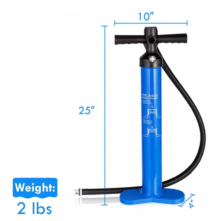 Double action manual SUP hand pump with gauge, 25" tall, inflates up to 29 psi, ideal for paddle boards and kayaks.
