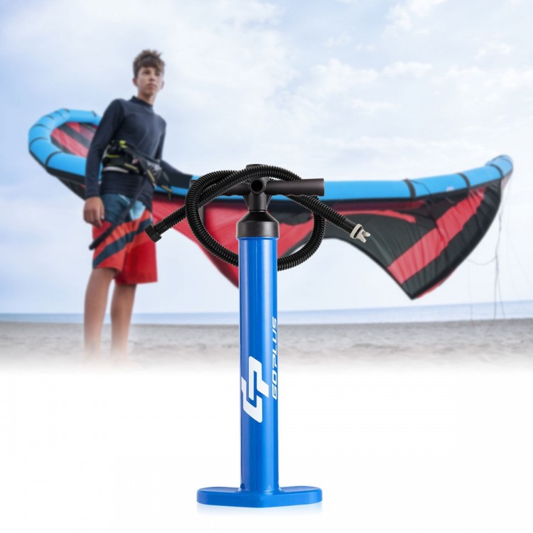 Double action manual SUP hand pump in blue with gauge, designed for fast inflation of paddle boards and kayaks.