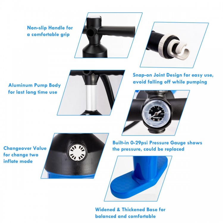 Double action manual SUP hand pump with gauge, aluminum body, anti-slip handle, and thickened base for stability.