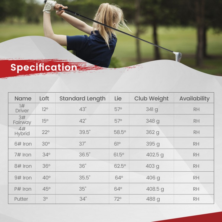 Women's 9-piece complete golf club set with ultra lightweight carbon shafts and soft grips for comfortable play.