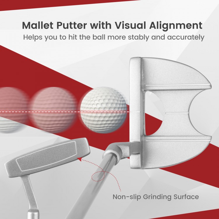 Women's 9-piece golf club set in red with visual alignment putter, lightweight carbon shafts, and soft TPR grips for.