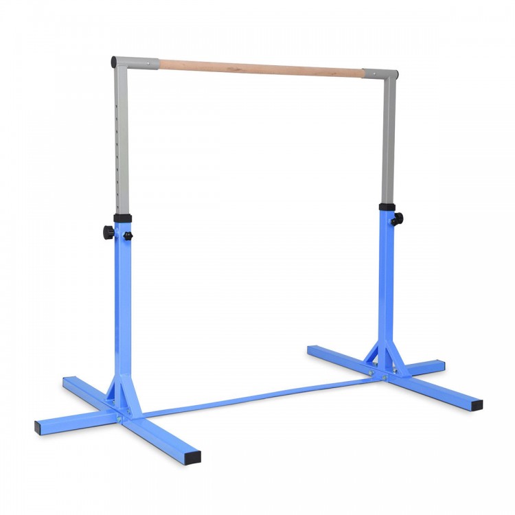 Adjustable blue gymnastics horizontal bar for kids, height 36"-59", supports up to 225 lbs, ideal for home training.