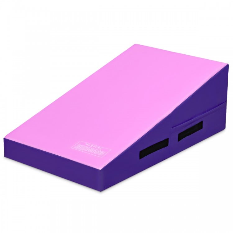 Incline gymnastics mat wedge in pink and purple, made with high-density EPE foam, ideal for tumbling and yoga.