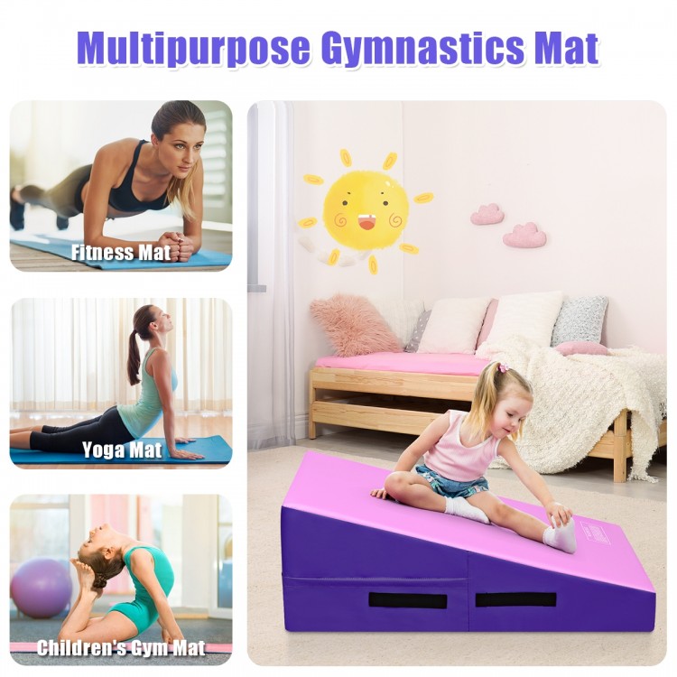Incline gymnastics mat wedge in pink and purple, made with high-density EPE foam, ideal for yoga and tumbling exercises.