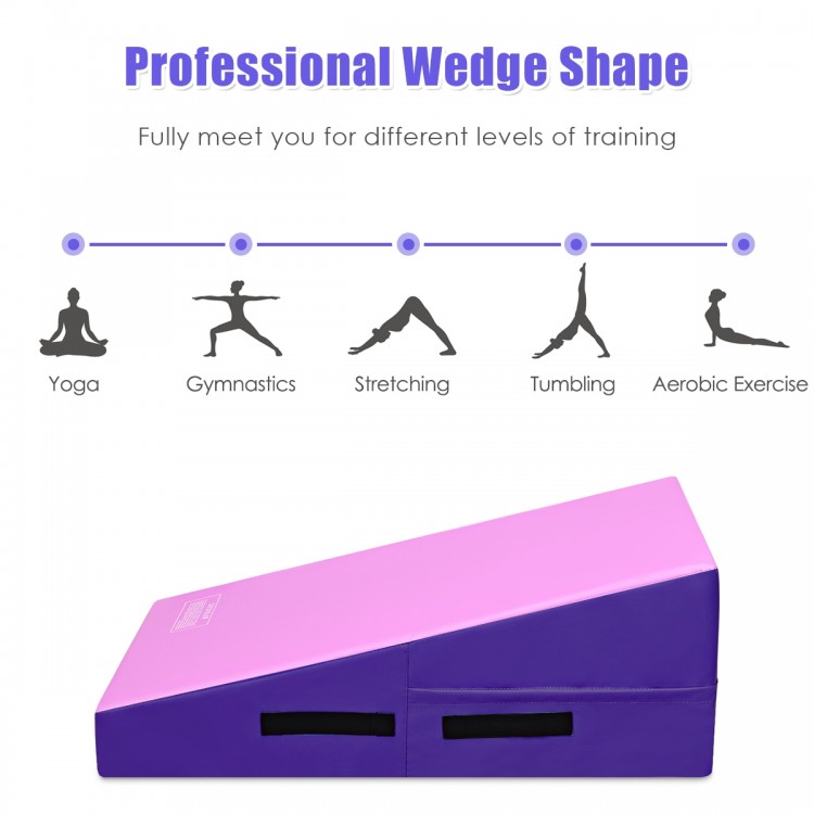 Incline gymnastics mat wedge ramp in pink and purple, designed for yoga, tumbling, and stretching exercises.