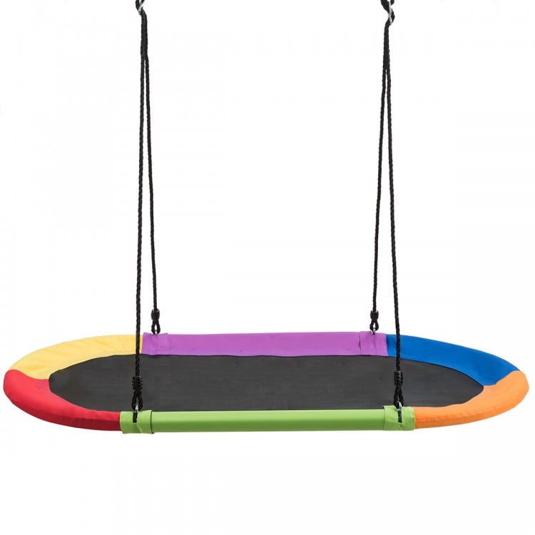 Multicolor 60-inch saucer swing featuring a sturdy frame and adjustable ropes, ideal for backyard play and family.