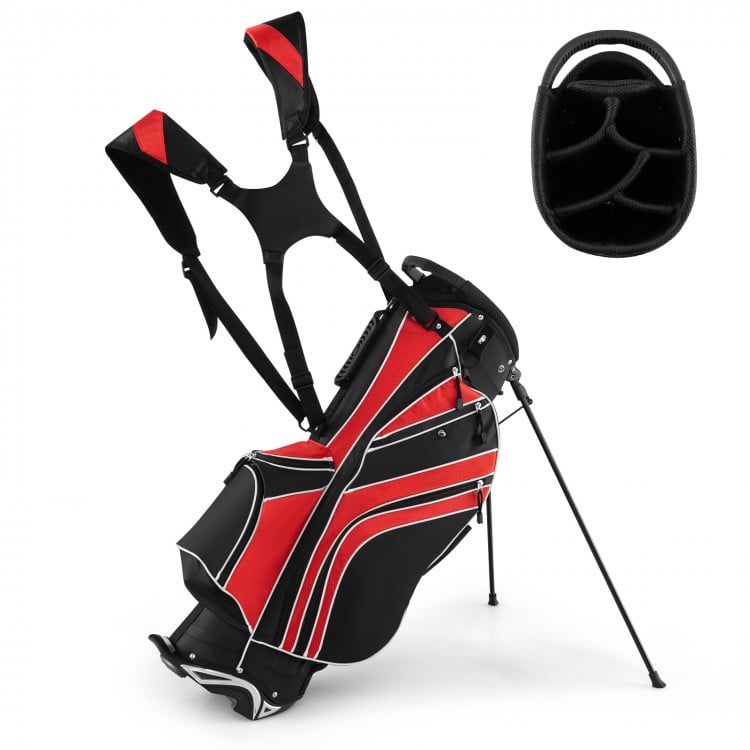 Lightweight red golf stand cart bag with 6-way divider and 7 pockets, featuring adjustable carry straps for comfort.