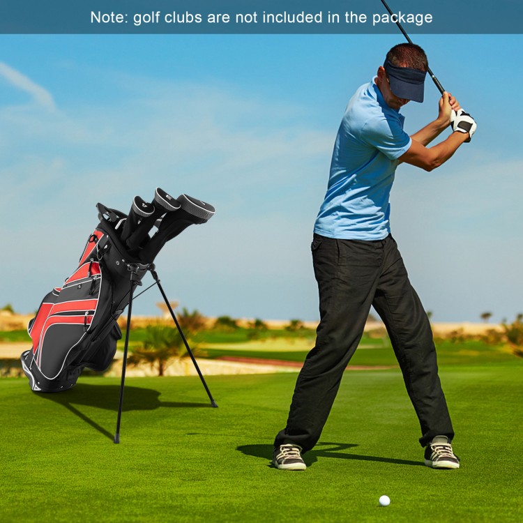 Golf stand cart bag in red with 6-way divider and 7 pockets, ideal for easy carrying on the golf course.