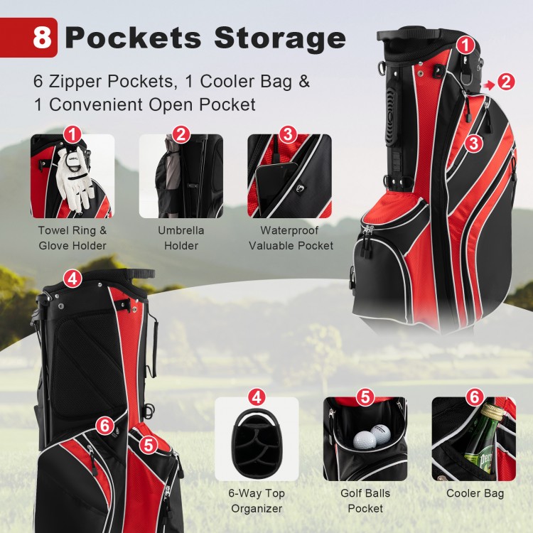 Golf stand cart bag in red with 6-way divider, 7 pockets, and adjustable straps for easy carrying on the course.