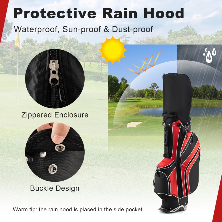 Red golf stand cart bag with 6 way divider, 7 pockets, and protective rain hood for waterproof and sun-proof storage.