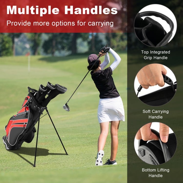 Golf stand cart bag in red with 6-way divider, multiple carrying handles, and 7 pockets for easy organization.