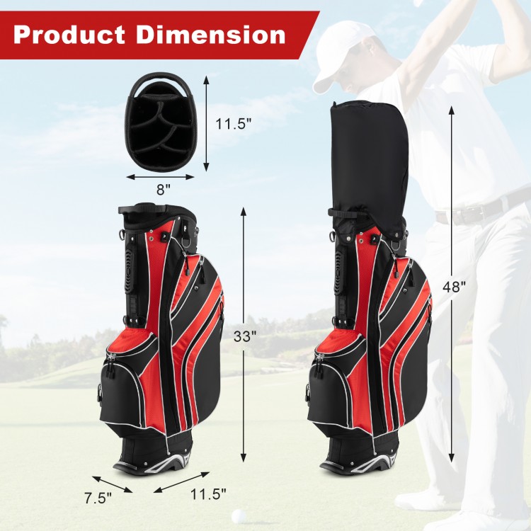 Golf stand cart bag in red with 6-way divider and 7 pockets, featuring adjustable straps for easy carrying.