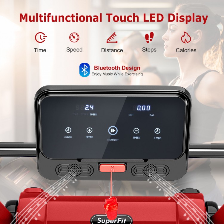Multifunctional LED display of the 2.25 HP electric treadmill showing speed, distance, and calories for home workouts.