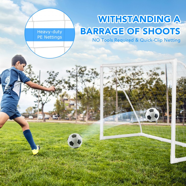 6 x 4 feet soccer goal with heavy-duty PE netting and UPVC frame, perfect for kids' practice in backyard or park.