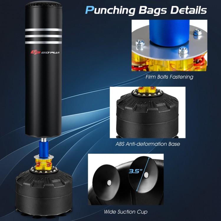 Freestanding 70-inch punching bag with a 12 suction cup base, designed for stability and intense training.