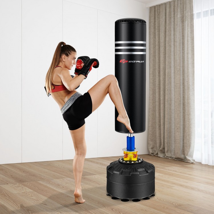 Freestanding 70-inch punching bag with a 12 suction cup base, ideal for strength training and stress relief.