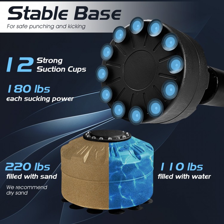 Freestanding 70-inch punching bag with 12 suction cups, stable base filled with sand or water for enhanced stability.