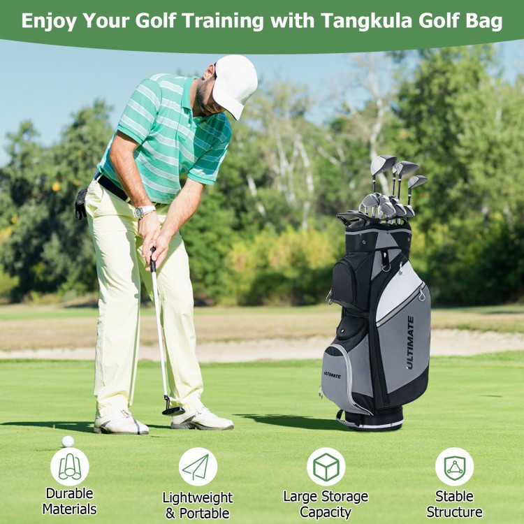 14-way golf cart stand bag in black and gray with multiple pockets, designed for stability and easy transport on the.