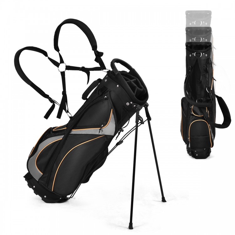 9-inch golf stand bag with 7-way divider, adjustable straps, and multiple pockets for secure storage and comfort.