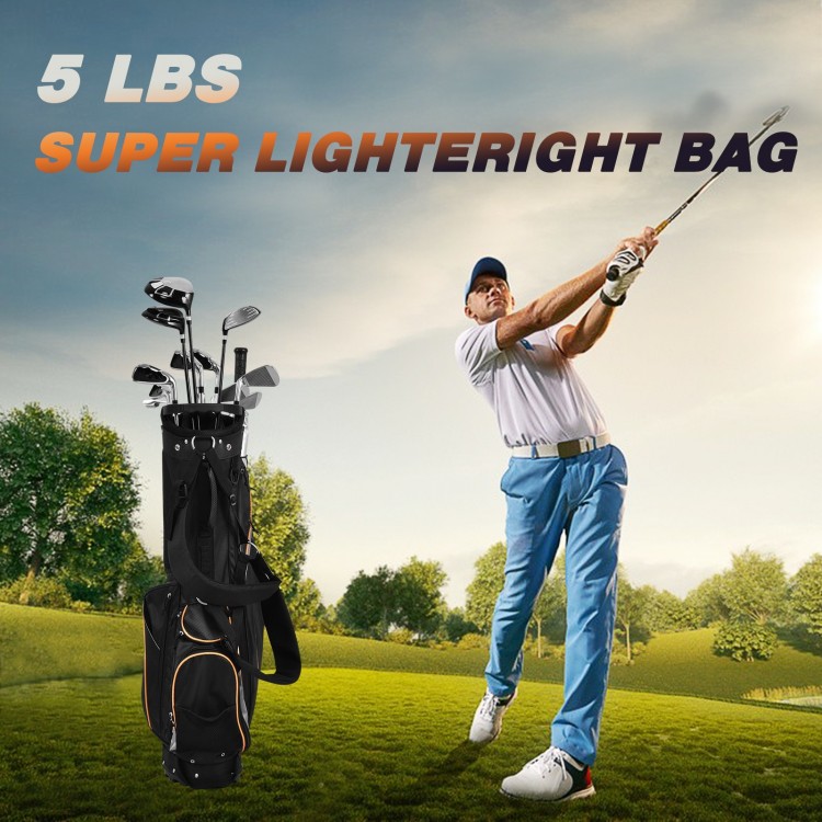 9-inch golf stand bag with 7-way divider, adjustable straps, and 7 pockets for secure storage, ideal for carrying.