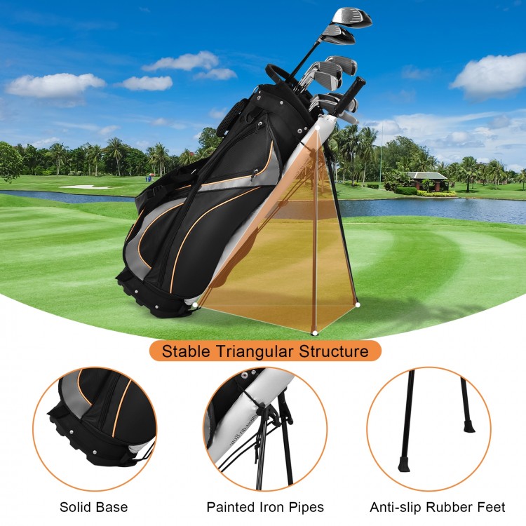 Golf stand bag with 7-way divider, adjustable straps, and anti-slip rubber feet for secure storage on the course.