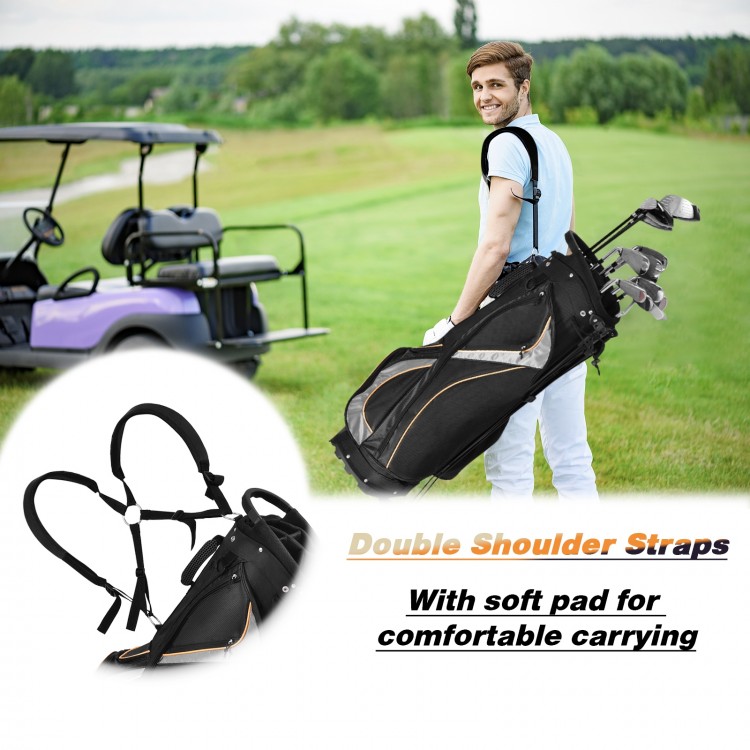 9-inch golf stand bag with double shoulder straps and soft pad for comfortable carrying, featuring 7 pockets for.