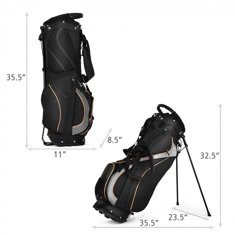 Golf stand bag with 7-way divider, adjustable straps, and multiple pockets for storage, ideal for carrying on the.