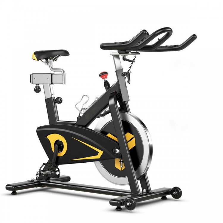 Magnetic exercise bike with a 30 lbs flywheel, adjustable seat, and handlebar for quiet indoor workouts.