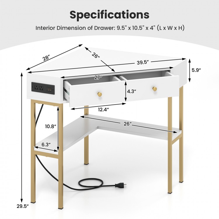 Triangle corner desk in white with two drawers, storage shelf, and charging station, ideal for compact spaces.