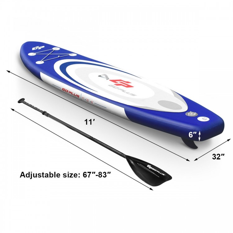 11-foot inflatable stand-up paddle board with adjustable paddle, ideal for surfing, yoga, and fishing in various water.