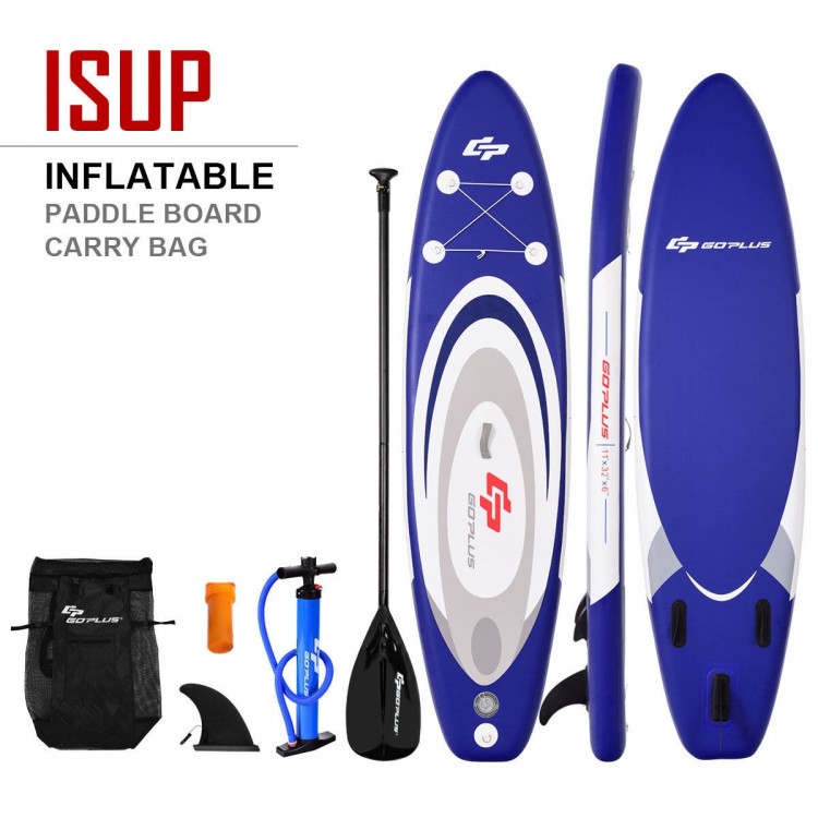 Adjustable 11-foot inflatable paddle board in blue with carry bag, paddle, fin, and pump for versatile water activities.