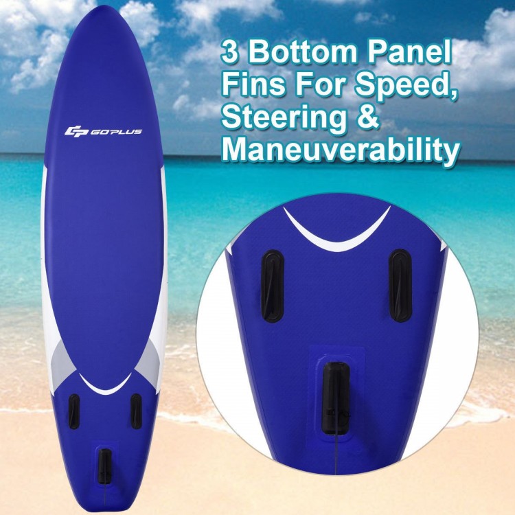 11-foot inflatable stand-up paddleboard with three bottom fins for speed and maneuverability, perfect for various water.