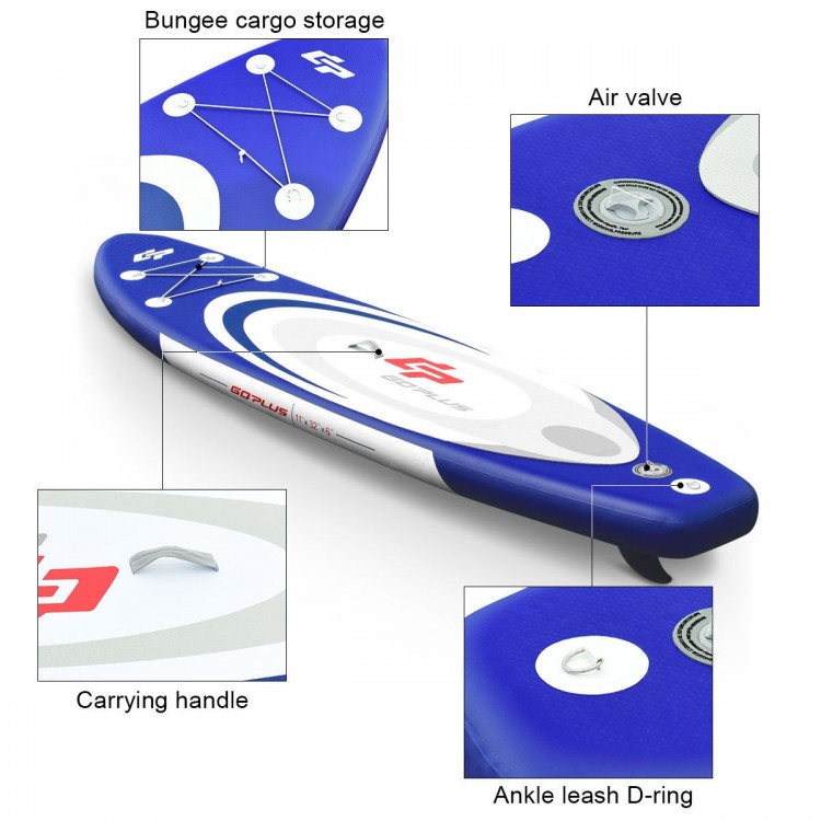 Adjustable inflatable stand-up paddle board with bungee storage, carrying handle, and ankle leash D-ring for versatile.