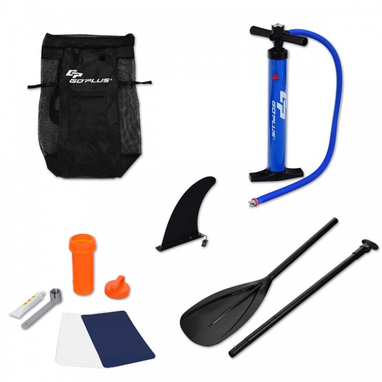 Adjustable inflatable paddle board set with carry bag, pump, extendable paddle, and fin for versatile water activities.