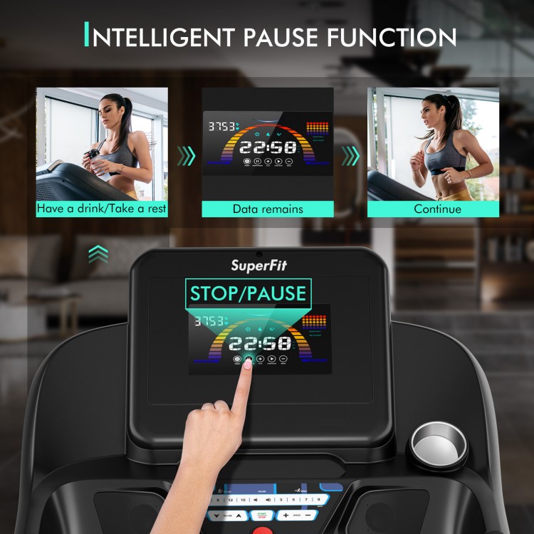 Close-up of the LED display on the 4.75 HP treadmill showing the intelligent pause function and workout data.
