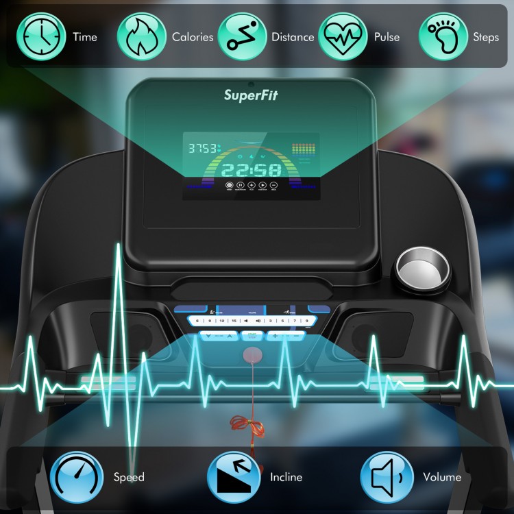 Close-up of the LED display on the 4.75 HP treadmill showing time, calories, distance, and heart rate for home workouts.