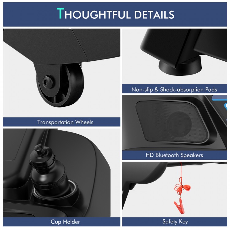 Close-up of the 4.75 HP treadmill's cup holder, Bluetooth speakers, and safety key for convenient home workouts.