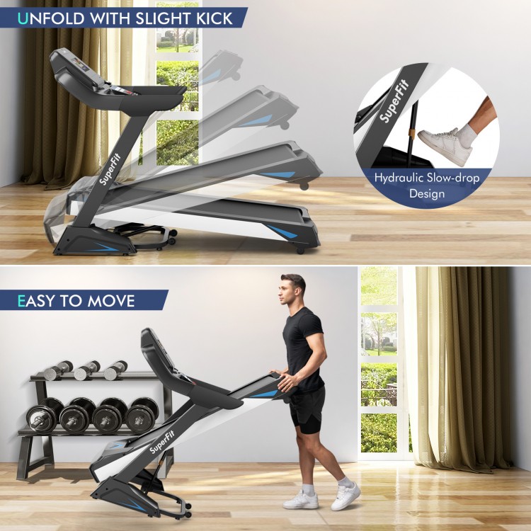 Treadmill with hydraulic slow-drop design, featuring adjustable speed, auto incline, and LED display for home workouts.