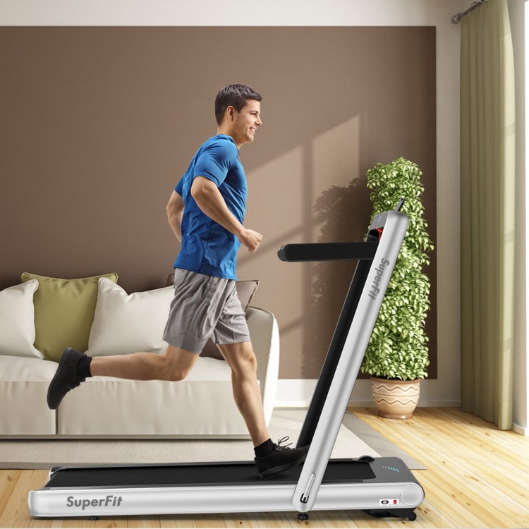 Folding treadmill with remote control, featuring a runner at 10.5mph, ideal for home fitness and under-desk use.