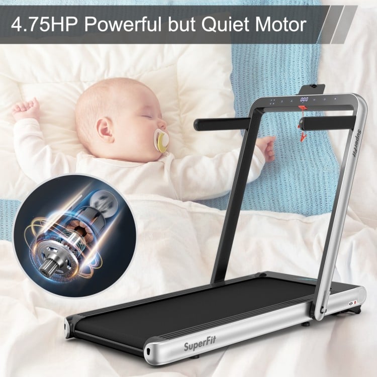 Folding treadmill with 4.75HP motor, adjustable speeds 0.6-10.5mph, ideal for home workouts or under-desk use.