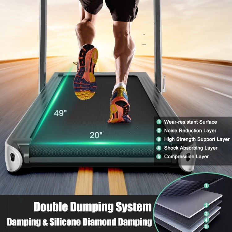 Folding treadmill with a shock-absorbing running belt, featuring a 49" x 20" surface for comfortable workouts at home.