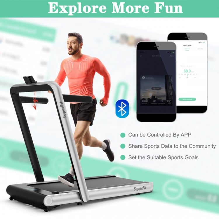 Folding treadmill with remote and app control, featuring 0.6-10.5mph speeds for fitness and under-desk use.