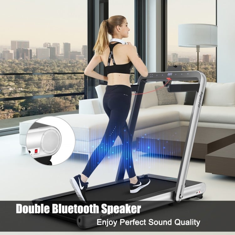 Folding treadmill with remote control, featuring 0.6-10.5mph speed, ideal for home workouts or under-desk use.