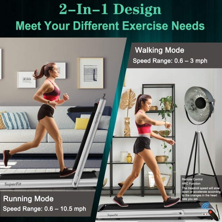 2-in-1 folding treadmill in silver, featuring walking mode (0.6-3 mph) and running mode (0.6-10.5 mph) for versatile.